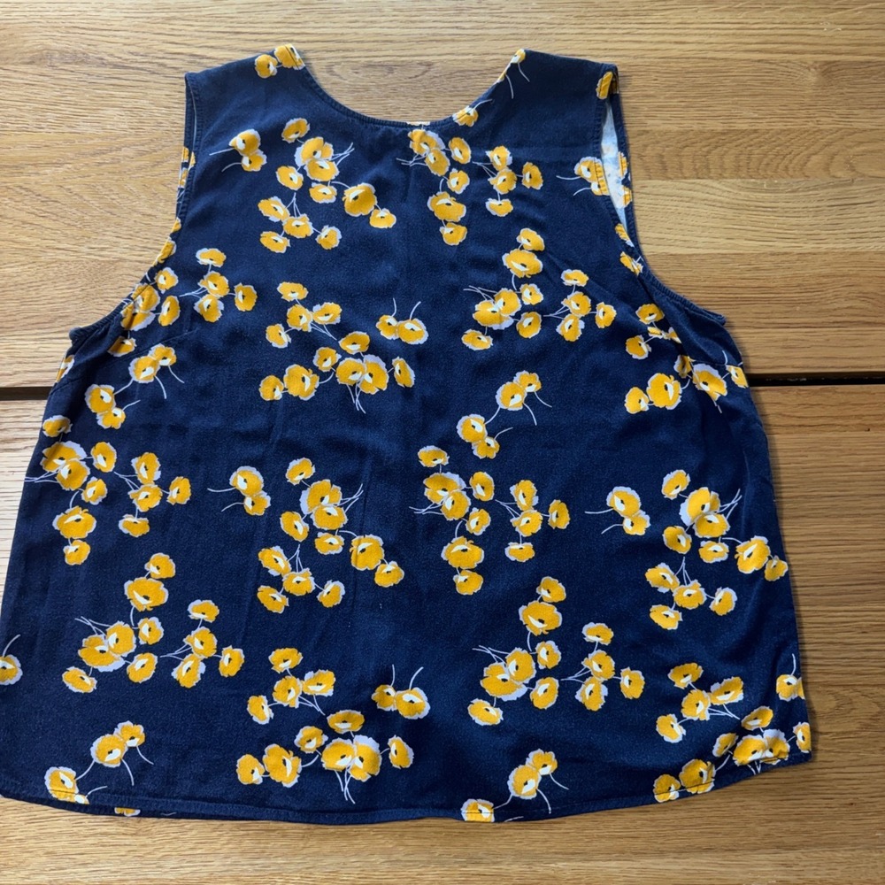 Womens Navy Blue Yellow Floral Button Back Sleeveless Tank Blouse Top Large